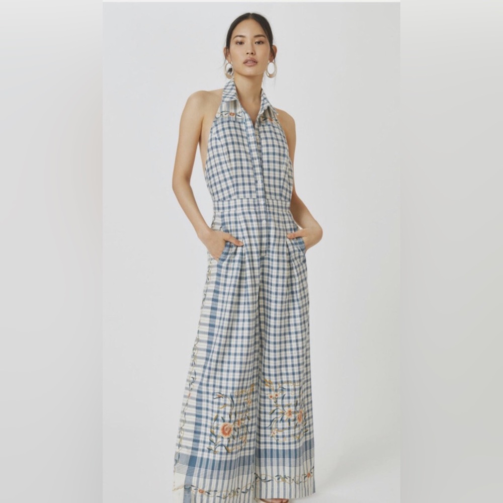 Anthropologie Blue and White Plaid halter jumpsuit